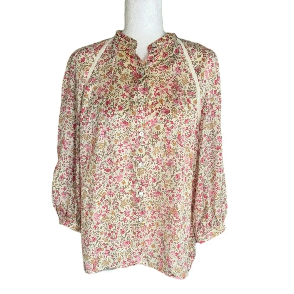 Zara Cream Pink Floral Print Satin 3/4 Puff Sleeve Lace Button Down Blouse - S
